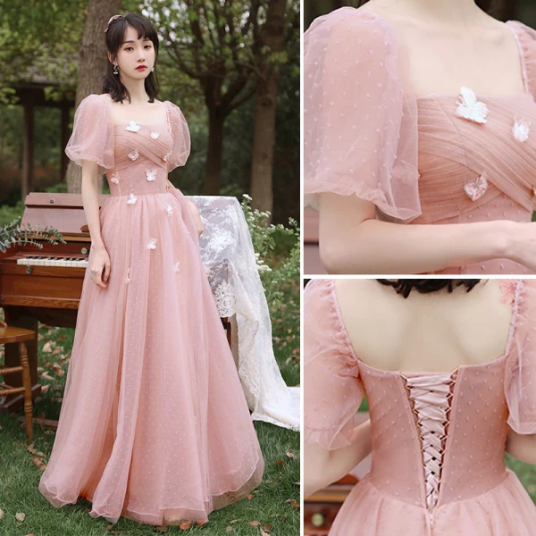 Chic / Beautiful Blushing Pink Lace Butterfly Bridesmaid Dresses 2021 A-Line / Princess Short Sleeve Backless Floor-Length / Long Bridesmaid Wedding Party Dresses