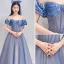 Chic / Beautiful Ocean Blue Prom Dresses 2021 A-Line / Princess Ruffle Off-The-Shoulder Beading Short Sleeve Backless Floor-Length / Long Prom Formal Dresses