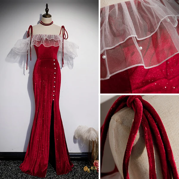 Charming Burgundy Pearl Suede Split Front Evening Dresses 2021 Trumpet / Mermaid Spaghetti Straps Sleeveless Backless Evening Party Floor-Length / Long Formal Dresses