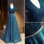 Vintage Marineblau Ballkleider 2021 A Linie V-Ausschnitt Perlenstickerei Strass Pailletten Kurze Ärmel Rückenfreies Lange Ball Festliche Kleider