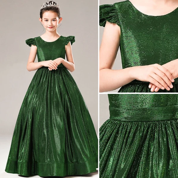 Chic / Beautiful Dark Green Sequins Evening Party Flower Girl Dresses 2021 A-Line / Princess Scoop Neck Cap Sleeves Zipper Up Floor-Length / Long