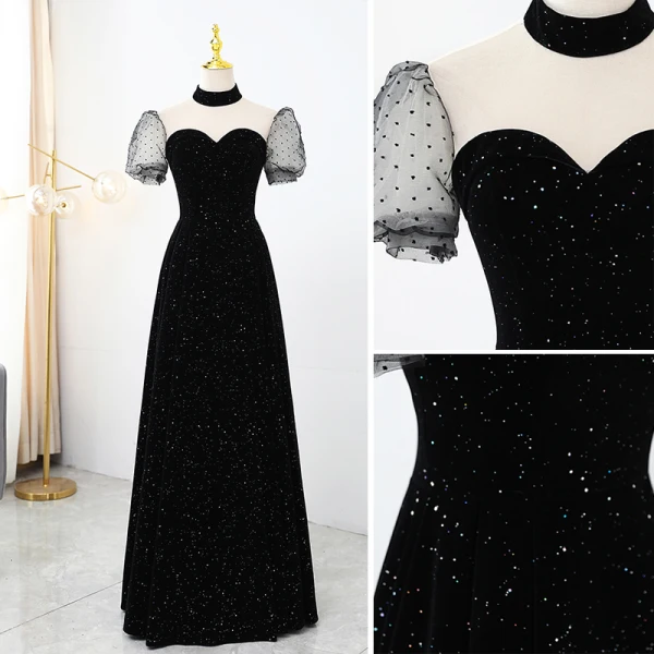 Élégant Noire Tachetée Paillettes Robe De Soirée 2021 Princesse Satin Col Haut Manches Courtes Dos Nu Longue Soirée Robe De Ceremonie