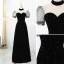 Élégant Noire Tachetée Paillettes Robe De Soirée 2021 Princesse Satin Col Haut Manches Courtes Dos Nu Longue Soirée Robe De Ceremonie