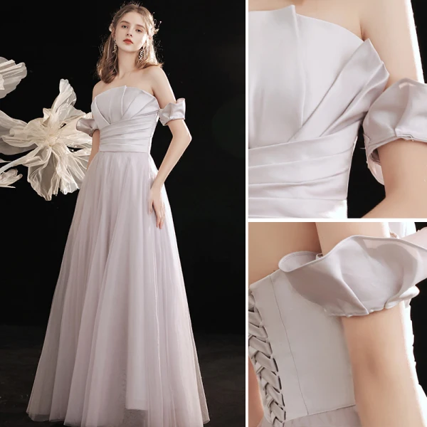 Élégant Violet Gris Robe De Bal 2021 Princesse De l'épaule Manches Courtes Dos Nu Longue Promo Robe De Ceremonie