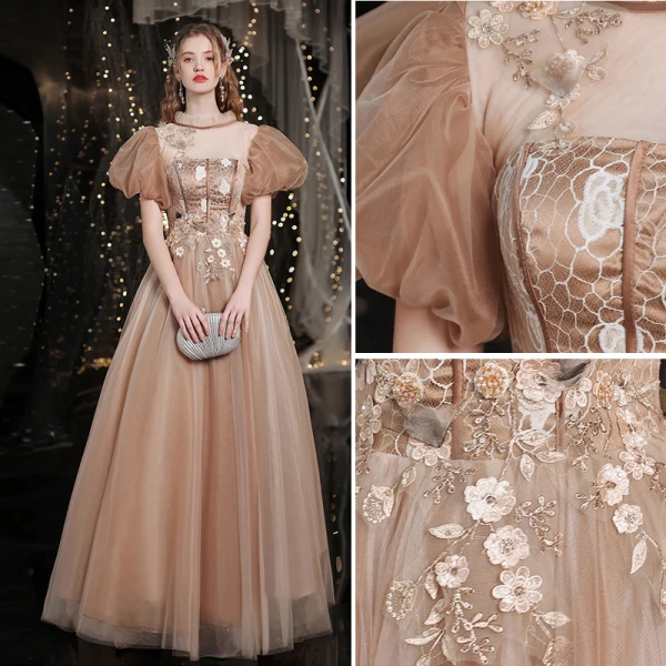 Vintage / Retro Gold Prom Dresses 2021 A-Line / Princess High Neck Beading Appliques Lace Flower Short Sleeve Backless Floor-Length / Long Prom Formal Dresses