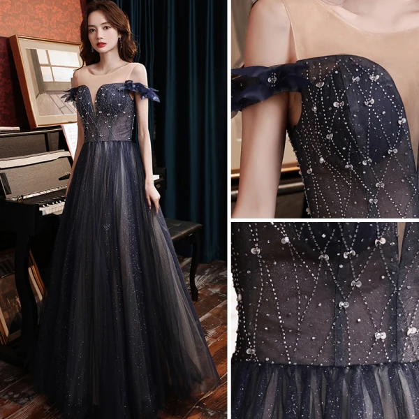 Vintage / Retro Navy Blue Prom Dresses 2021 A-Line / Princess Off-The-Shoulder Beading Sequins Sleeveless Backless Floor-Length / Long Prom Formal Dresses
