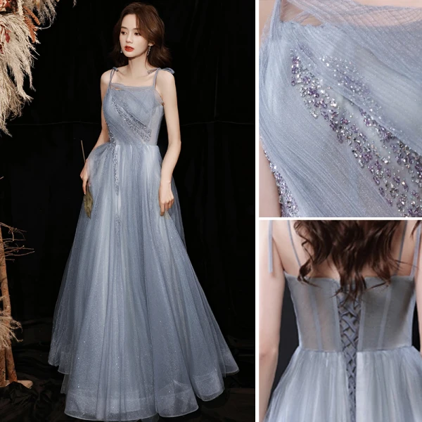 Chic / Belle Bleu Ciel Gris Paillettes Robe De Bal 2021 Princesse Bretelles Spaghetti Sans Manches Dos Nu Longue Promo Robe De Ceremonie