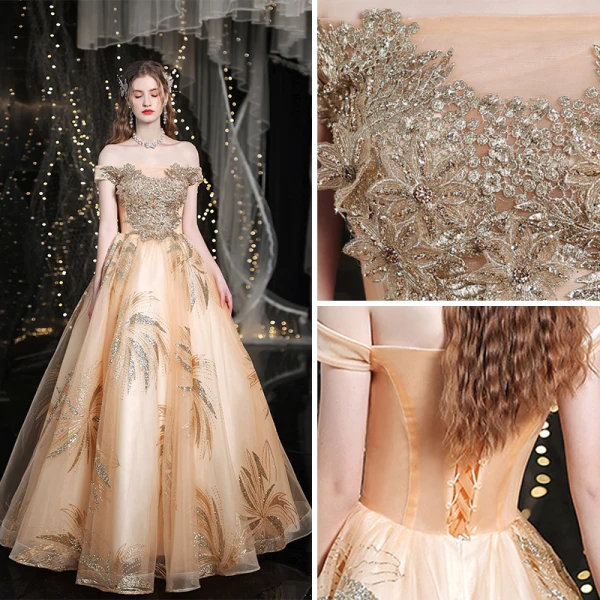 Charmant Doré Robe De Bal 2021 Princesse De l'épaule Perlage Paillettes En Dentelle Fleur Sans Manches Dos Nu Longue Promo Robe De Ceremonie