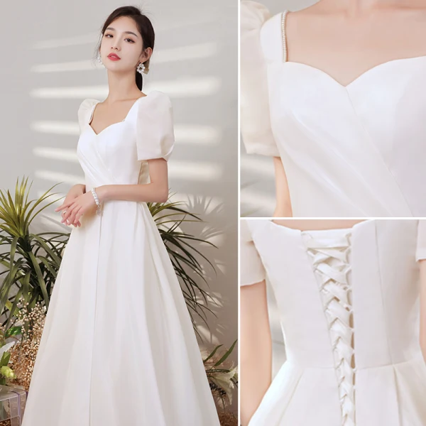Modest / Simple Vintage / Retro Ivory Satin Wedding Dresses 2021 A-Line / Princess Pearl Square Neckline Short Sleeve Backless Floor-Length / Long Wedding