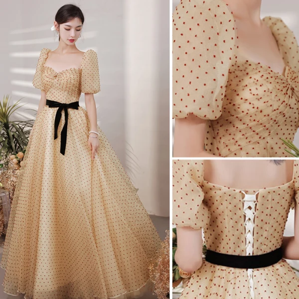 Fashion Yellow Spotted Prom Dresses 2021 A-Line / Princess Square Neckline Short Sleeve Bow Backless Floor-Length / Long Prom Formal Dresses