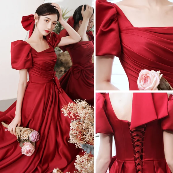 Elegant Burgundy Satin Prom Dresses 2021 A-Line / Princess Square Neckline Short Sleeve Bow Backless Floor-Length / Long Prom Formal Dresses