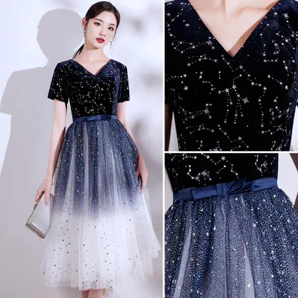 Modern / Fashion Navy Blue Suede Homecoming Graduation Dresses 2021 A-Line / Princess V-Neck Star Sequins Sash Bow Short Sleeve Tea-length Formal Dresses