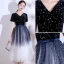 Modern / Fashion Navy Blue Suede Homecoming Graduation Dresses 2021 A-Line / Princess V-Neck Star Sequins Sash Bow Short Sleeve Tea-length Formal Dresses