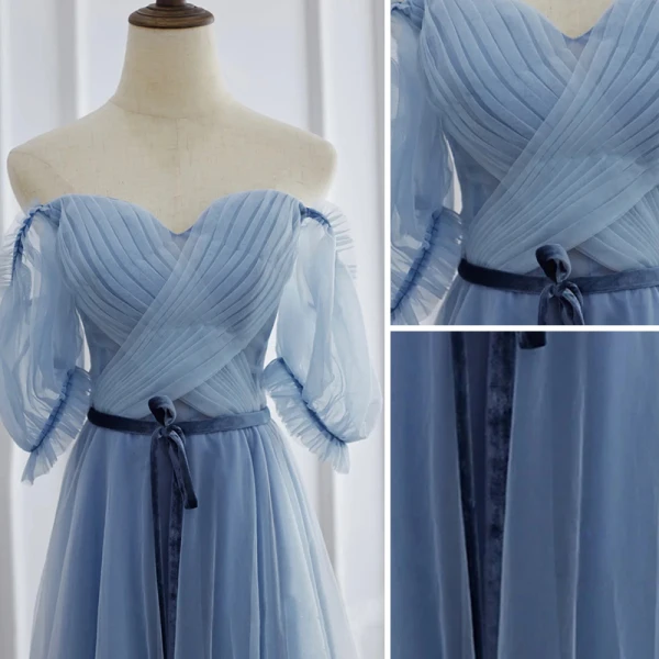 Modest / Simple Sky Blue Bridesmaid Dresses 2021 A-Line / Princess Short Sleeve Sash Bow Floor-Length / Long Bridesmaid Wedding Party Dresses