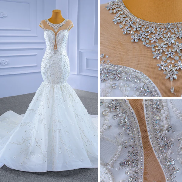 High-end White Wedding Dresses 2021 Trumpet / Mermaid Scoop Neck Crystal Rhinestone Cap Sleeves Cathedral Train Wedding