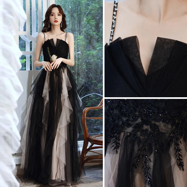 Affordable Black Ruffle Prom Dresses 2021 A-Line / Princess Spaghetti Straps Beading Sequins Lace Flower Sleeveless Backless Floor-Length / Long Prom Formal Dresses