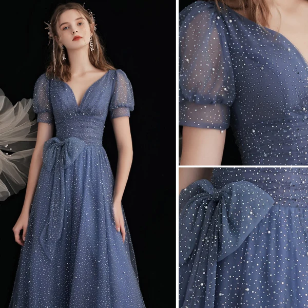Fashion Ocean Blue Glitter Starry Sky Prom Dresses 2021 A-Line / Princess V-Neck Beading Pearl Sequins Short Sleeve Bow Backless Prom