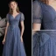 Fashion Ocean Blue Glitter Starry Sky Prom Dresses 2021 A-Line / Princess V-Neck Beading Pearl Sequins Short Sleeve Bow Backless Prom