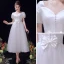 Modest / Simple Ivory Wedding Dresses 2021 A-Line / Princess Bow V-Neck Short Sleeve Backless Tea-length Wedding