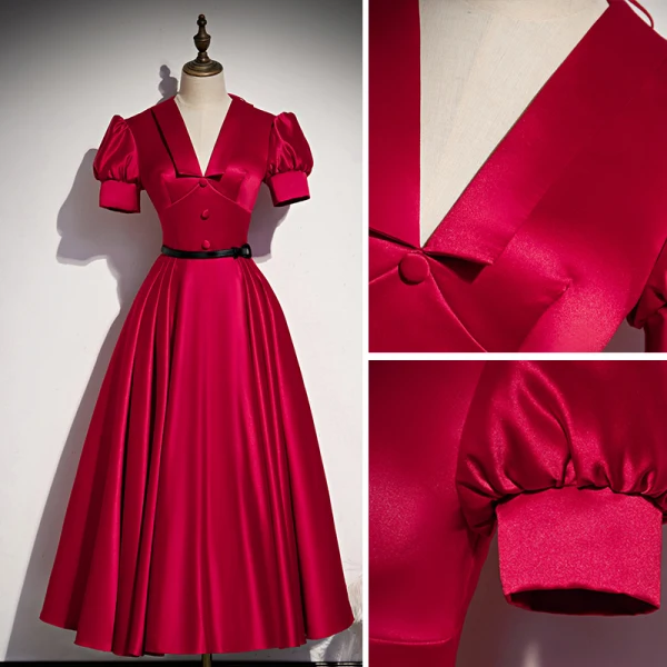 Vintage / Retro Burgundy Prom Dresses 2021 A-Line / Princess Sash V-Neck Satin Short Sleeve Backless Tea-length Prom Formal Dresses