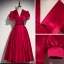 Vintage / Retro Burgundy Prom Dresses 2021 A-Line / Princess Sash V-Neck Satin Short Sleeve Backless Tea-length Prom Formal Dresses