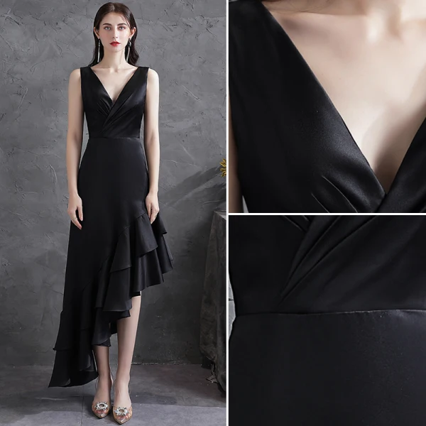 Modern / Fashion Black Ruffle Satin Party Dresses 2021 A-Line / Princess V-Neck Sleeveless Backless Asymmetrical Formal Dresses