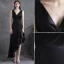 Modern / Fashion Black Ruffle Satin Party Dresses 2021 A-Line / Princess V-Neck Sleeveless Backless Asymmetrical Formal Dresses