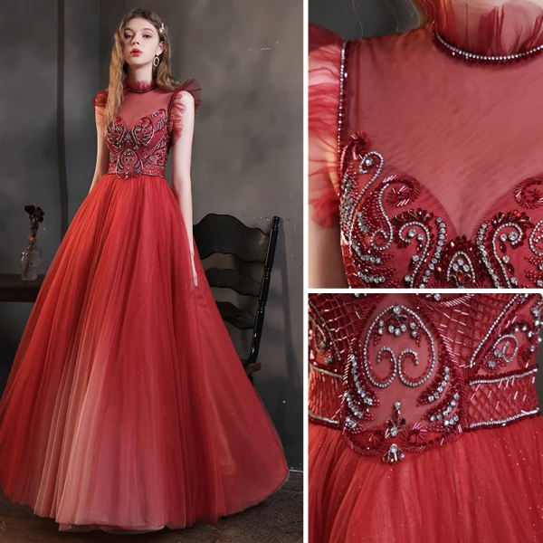 High-end Burgundy Prom Dresses 2021 A-Line / Princess High Neck Handmade Beading Crystal Rhinestone Sleeveless Floor-Length / Long Prom Formal Dresses