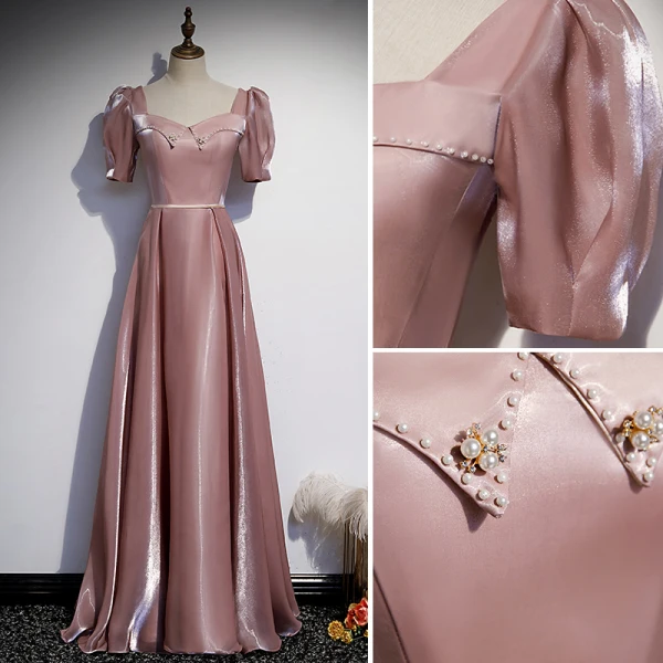 Elegant Dusky Pink Satin Prom Dresses 2021 A-Line / Princess Square Neckline Pearl Sash Short Sleeve Backless Floor-Length / Long Prom Formal Dresses