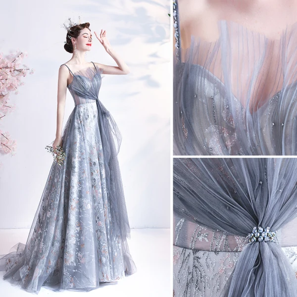 Fashion Grey Pearl Rhinestone Sequins Prom Dresses 2021 A-Line / Princess Ruffle Spaghetti Straps Sleeveless Backless Floor-Length / Long Prom Formal Dresses