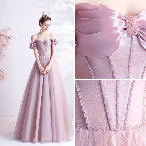 Elegant Dusky Pink Prom Dresses 2021 A-Line / Princess Off-The-Shoulder Glitter Beading Crystal Short Sleeve Backless Floor-Length / Long Prom Formal Dresses