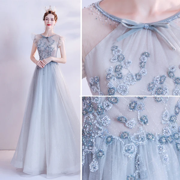 Vintage / Retro Silver Prom Dresses 2021 A-Line / Princess Scoop Neck Bow Beading Pearl Rhinestone Sequins Sleeveless Backless Floor-Length / Long Prom Formal Dresses