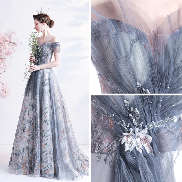 Vintage / Retro Grey Prom Dresses 2021 A-Line / Princess Off-The-Shoulder Beading Crystal Sequins Sleeveless Backless Floor-Length / Long Prom Formal Dresses