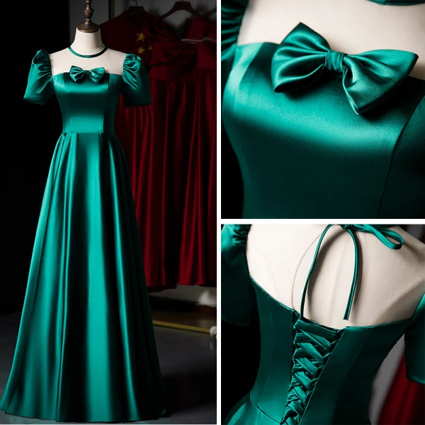 Vintage / Retro Dark Green Satin Prom Dresses 2021 A-Line / Princess Scoop Neck Short Sleeve Backless Bow Floor-Length / Long Prom Formal Dresses
