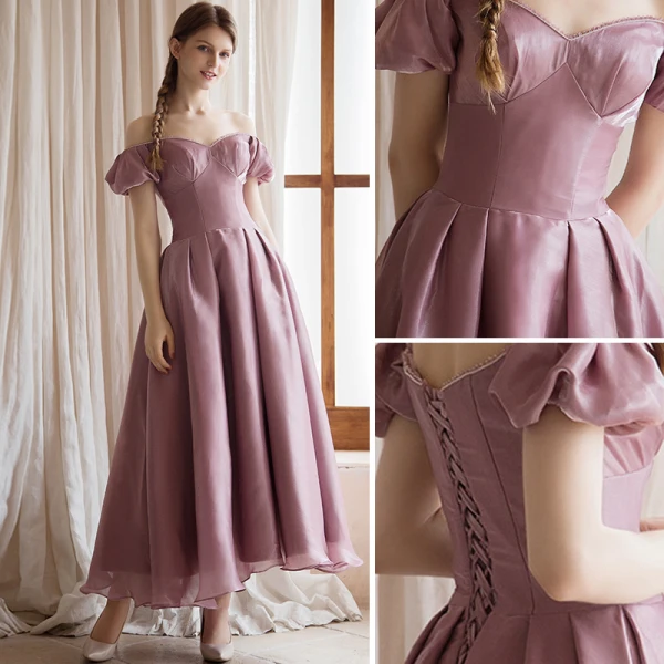 Vintage Lyserød Gallakjoler 2021 Prinsesse Off-The-Shoulder Kort Ærme Halterneck Lange Galla Kjoler