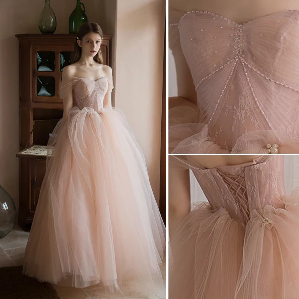 Chic / Beautiful Blushing Pink Pearl Prom Dresses 2021 A-Line / Princess Off-The-Shoulder Short Sleeve Backless Floor-Length / Long Prom Formal Dresses