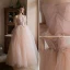Chic / Beautiful Blushing Pink Pearl Prom Dresses 2021 A-Line / Princess Off-The-Shoulder Short Sleeve Backless Floor-Length / Long Prom Formal Dresses
