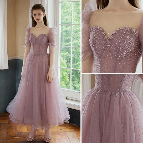 Piękne Ciemny Róż Rhinestone Cekiny Sukienki Na Bal 2021 Princessa Wycięciem Bufiasta Kótkie Rękawy Bez Pleców Długie Bal Sukienki Wizytowe