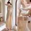 Chic / Beautiful Champagne Bow Bridesmaid Dresses 2021 A-Line / Princess Square Neckline Bell sleeves Floor-Length / Long Prom Wedding Party Dresses