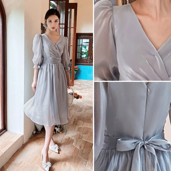 Modest / Simple Grey Bridesmaid Dresses 2021 A-Line / Princess Short Sleeve Bow Backless Tea-length Bridesmaid Wedding Party Dresses