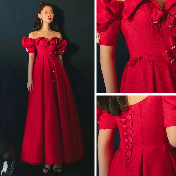 Chic / Beautiful Red Prom Dresses 2021 A-Line / Princess Off-The-Shoulder Beading Pearl Short Sleeve Backless Floor-Length / Long Prom Formal Dresses