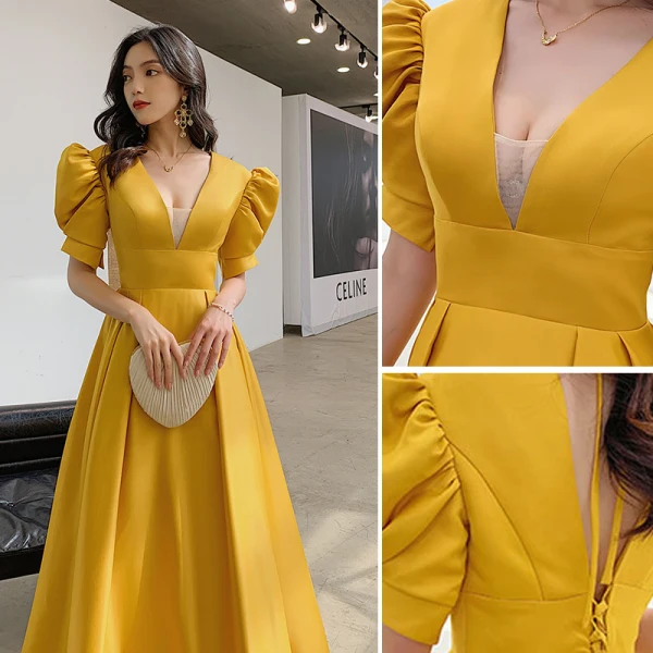 Vintage / Retro Yellow Prom Dresses 2021 A-Line / Princess V-Neck Puffy Short Sleeve Backless Bow Floor-Length / Long Prom Formal Dresses
