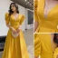 Vintage / Retro Yellow Prom Dresses 2021 A-Line / Princess V-Neck Puffy Short Sleeve Backless Bow Floor-Length / Long Prom Formal Dresses