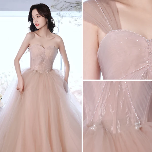 Charming Dusky Pink Prom Dresses 2021 A-Line / Princess Strapless Beading Pearl Sleeveless Backless Floor-Length / Long Prom Formal Dresses
