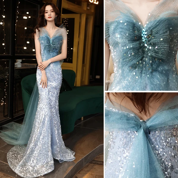 Étourdissant Bleu Ciel Paillettes Robe De Soirée 2021 Trompette / Sirène Bustier Sans Manches Dos Nu Noeud Train De Balayage Soirée Robe De Ceremonie