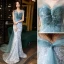 Étourdissant Bleu Ciel Paillettes Robe De Soirée 2021 Trompette / Sirène Bustier Sans Manches Dos Nu Noeud Train De Balayage Soirée Robe De Ceremonie