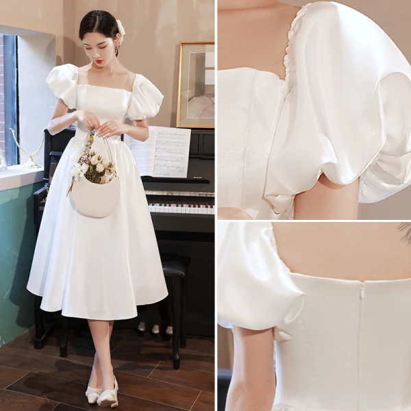Schlicht Ivory / Creme Satin Heimkehr Abiballkleider 2021 A Linie Eckiger Ausschnitt Kurze Ärmel Rückenfreies Wadenlang Festliche Kleider