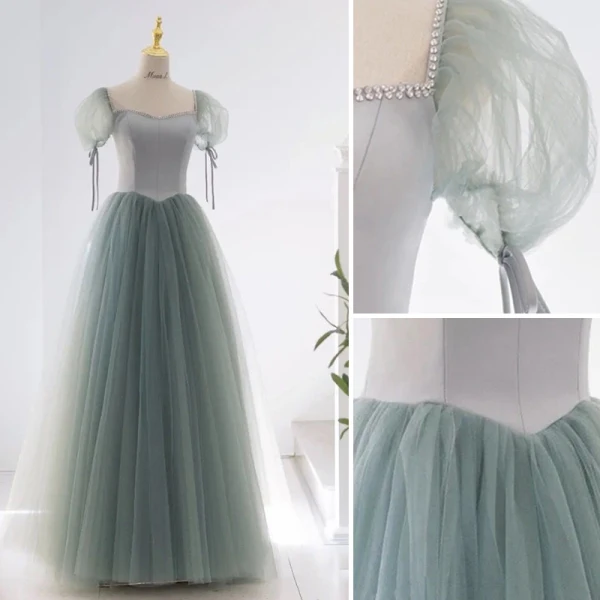 Vintage / Retro Sage Green Prom Dresses 2021 A-Line / Princess Square Neckline Rhinestone Puffy Short Sleeve Floor-Length / Long Prom Formal Dresses