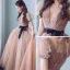 Fashion Champagne Prom Dresses 2021 A-Line / Princess High Neck Star Lace Puffy Short Sleeve Bow Floor-Length / Long Prom Formal Dresses
