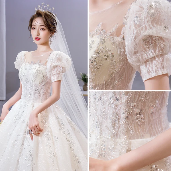 Vintage / Retro Ivory Beading Sequins Lace Flower Wedding Dresses 2021 Ball Gown Scoop Neck Short Sleeve Backless Royal Train Wedding